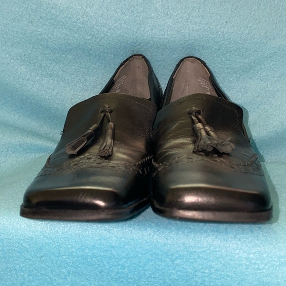 NINE & COMPANY leather wingtip slip on tassel chunky stacked heel black size 9M - Picture 4 of 12